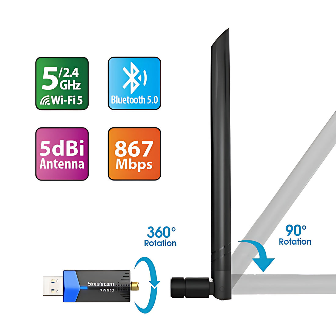 Simplecom NW632 Wi-Fi 5 Bluetooth 5.0 USB Adapter