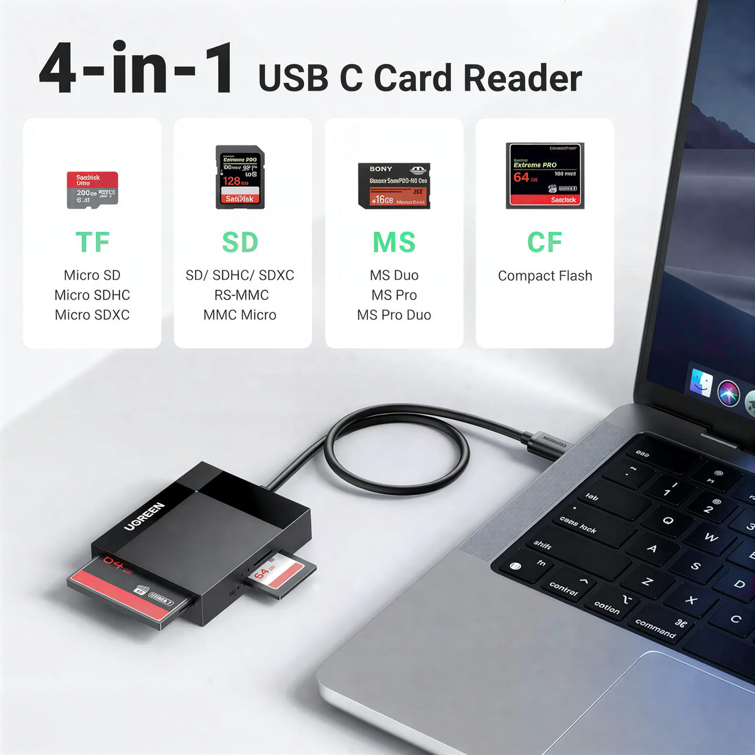UGREEN USB-C 4-in-1 Card Reader – SD/Micro SD/TF/MS/CF, Compatible with iPhone 16/15 Pro Max, MacBook Air, iPad, Galaxy S24